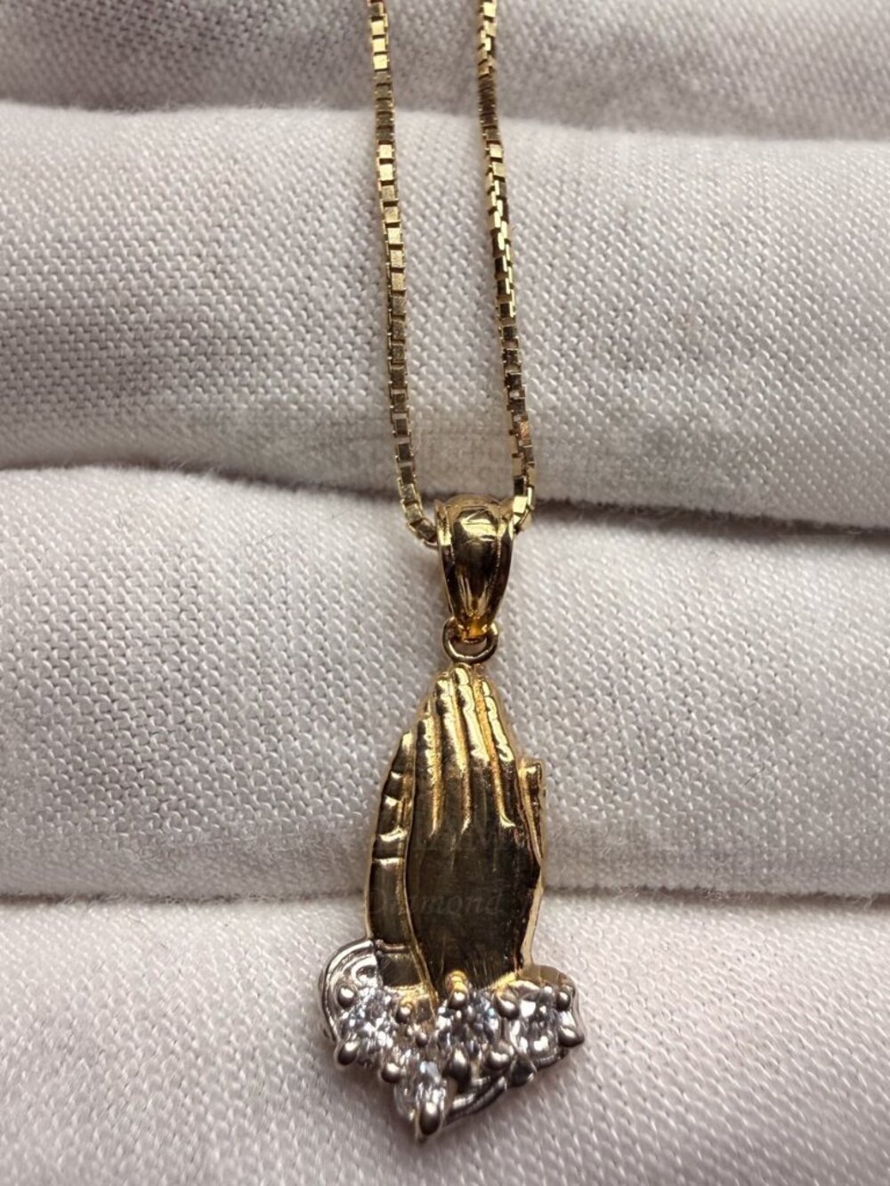 14K Two Tone Gold Cubic Z. Praying Hands Pendant With 0.8mm Box Chain - 22 inch